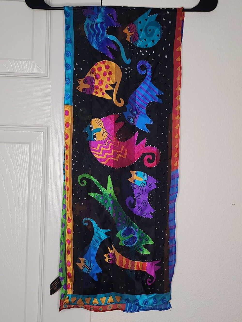 Laurel Burch Silk Scarf Honey Collection Colorful Cats Black Oblong 100% Silk